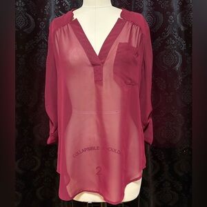 Sheer V-Neck Blouse in Deep Raspberry